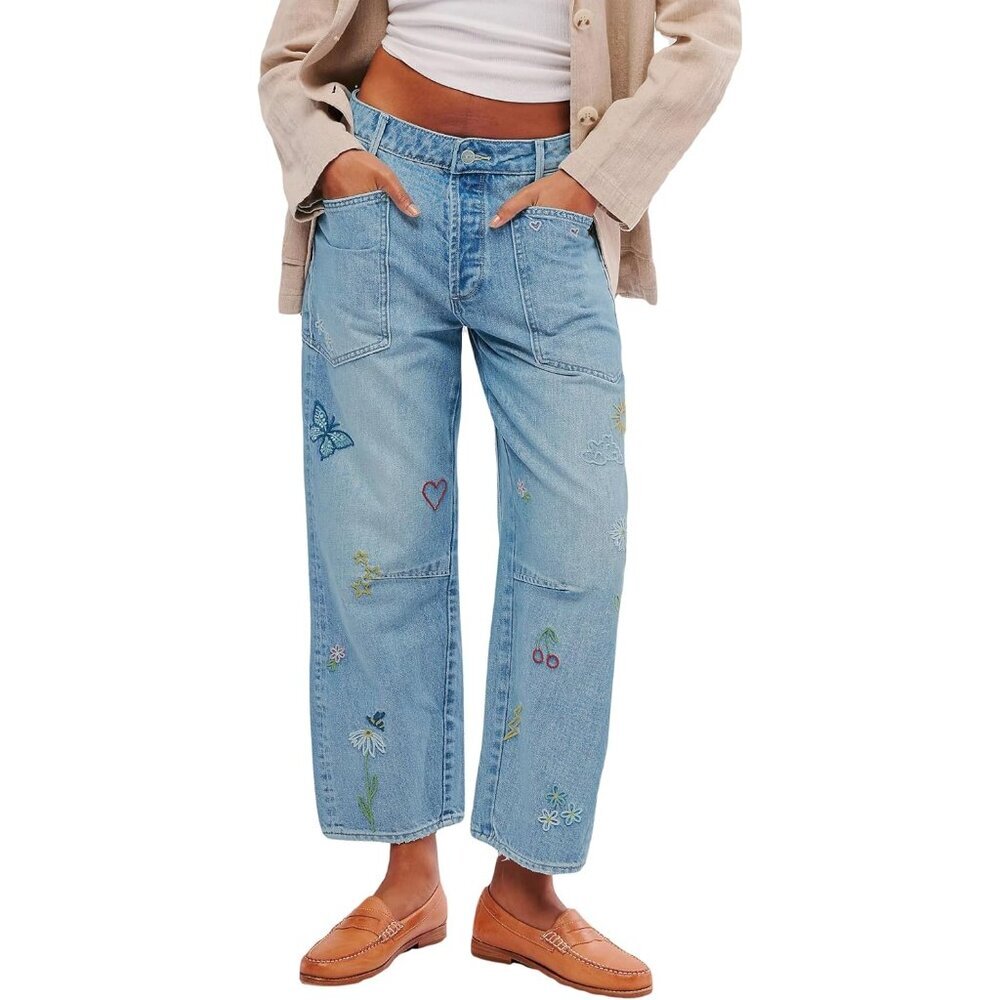 Women's Embroidered Denim Barrel Jeans Wide Leg Low Rise Stretchy Pants